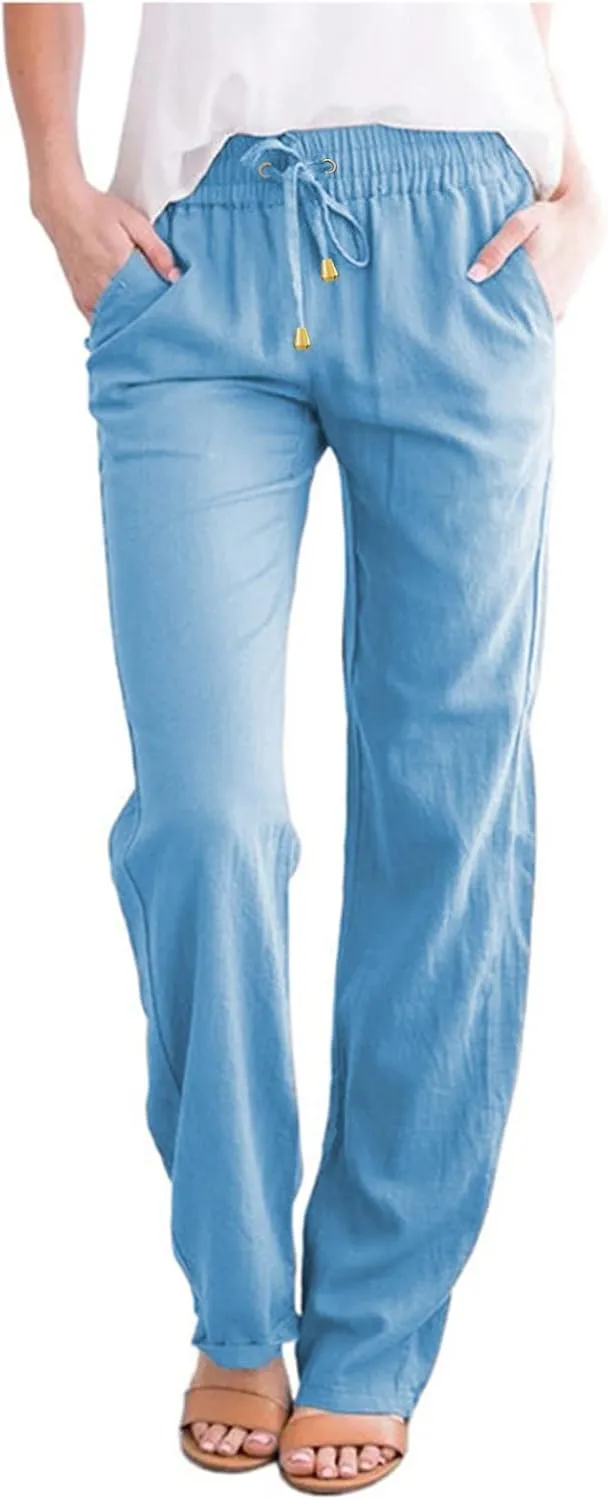 Women Linen Blend Summer Flowy Pant Trousers High Waist Long Lounge Slim Fit Pant Trousers Office