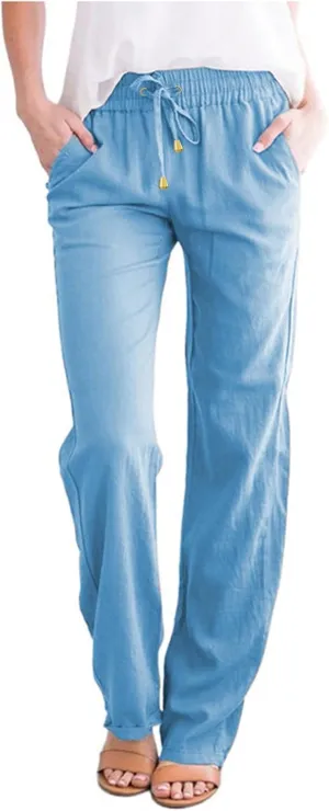 Women Linen Blend Summer Flowy Pant Trousers High Waist Long Lounge Slim Fit Pant Trousers Office