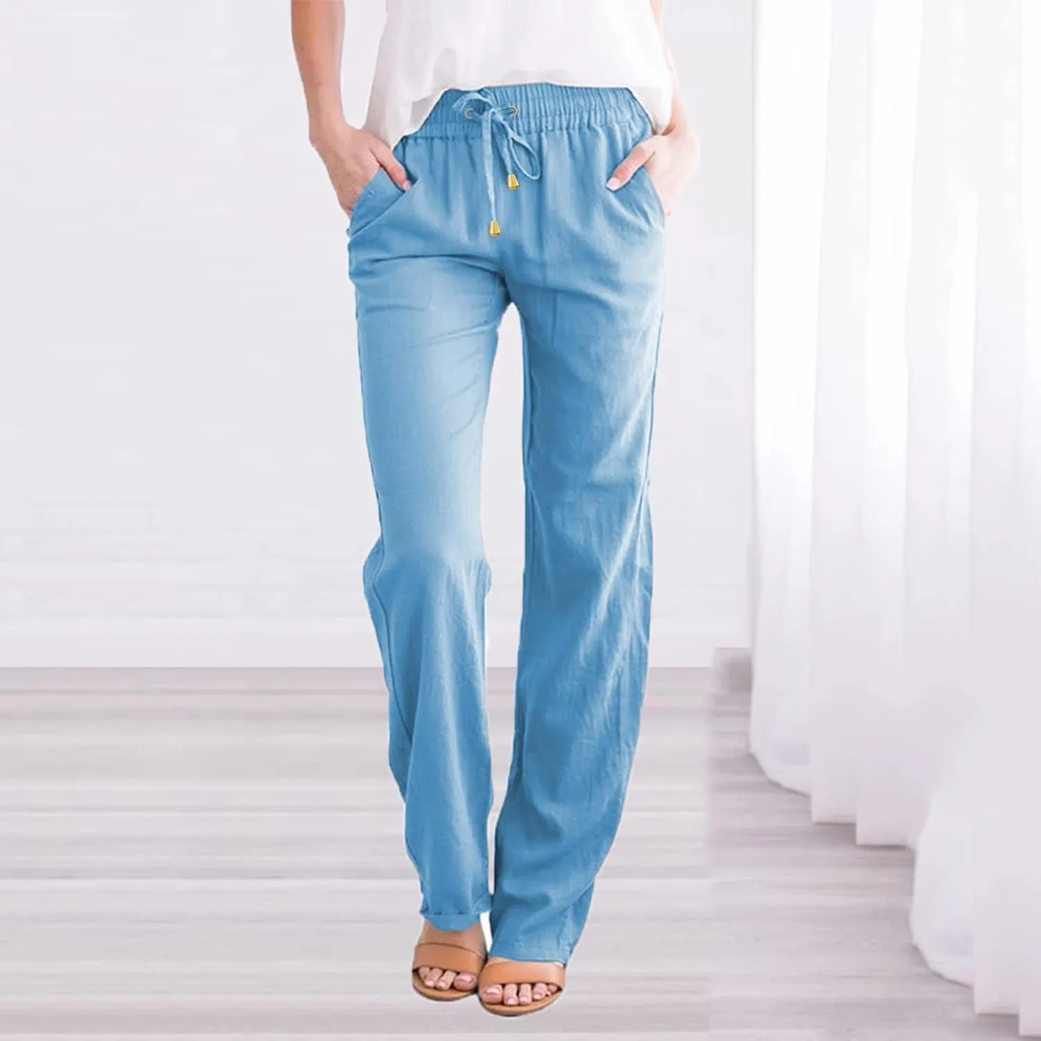 Women Linen Blend Summer Flowy Pant Trousers High Waist Long Lounge Slim Fit Pant Trousers Office