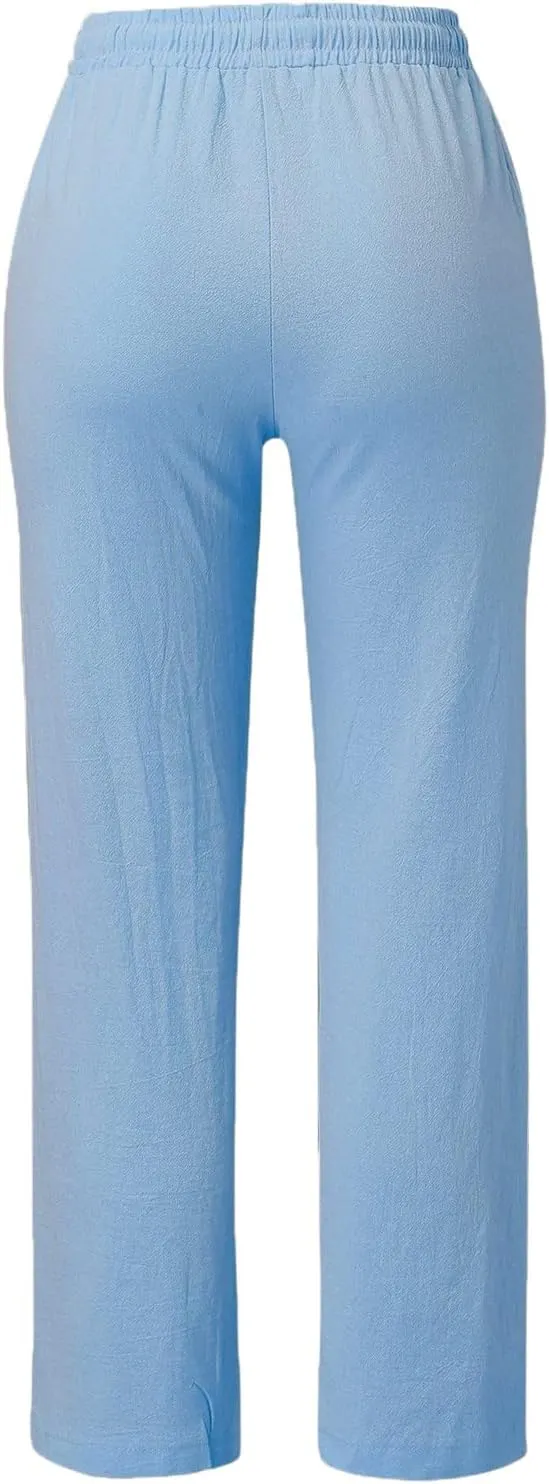 Women Linen Blend Summer Flowy Pant Trousers High Waist Long Lounge Slim Fit Pant Trousers Office