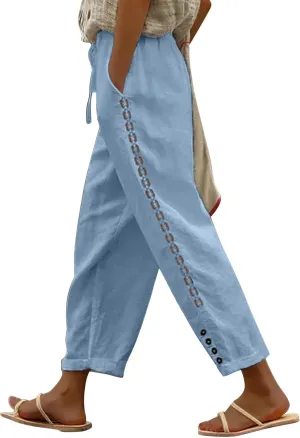 Women Linen Blend Summer Letter Patched Pant Trousers Elastic Waist Wide Leg Loose Fit Trouser Office