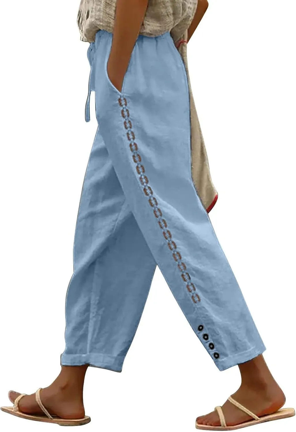 Women Linen Blend Summer Letter Patched Pant Trousers Elastic Waist Wide Leg Loose Fit Trouser Office