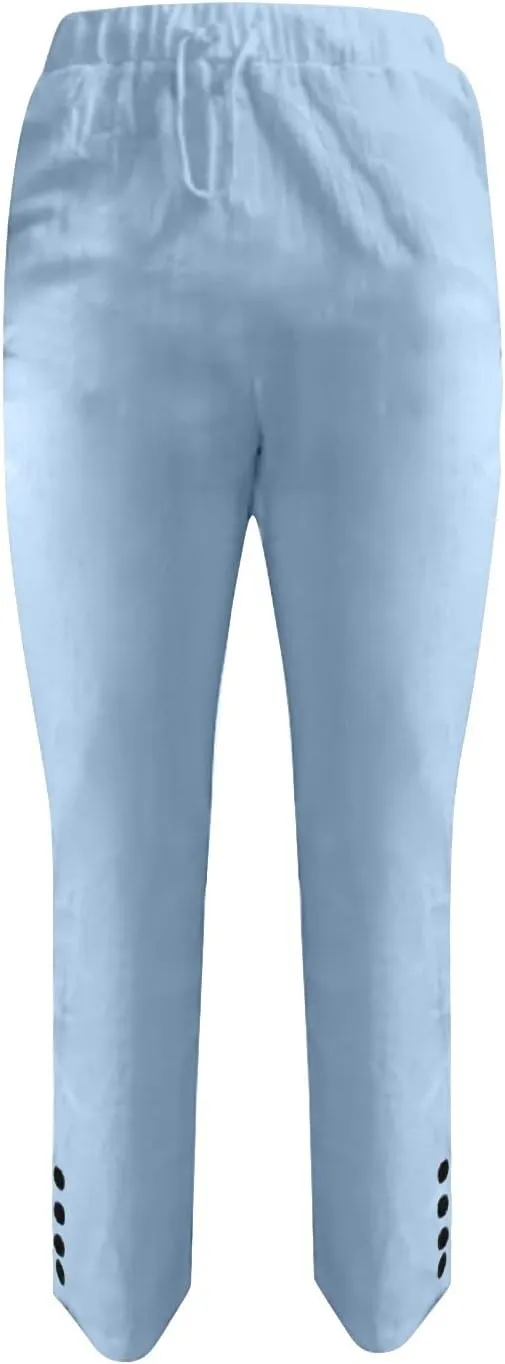 Women Linen Blend Summer Letter Patched Pant Trousers Elastic Waist Wide Leg Loose Fit Trouser Office