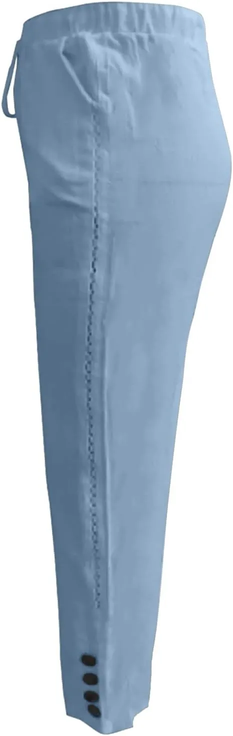Women Linen Blend Summer Letter Patched Pant Trousers Elastic Waist Wide Leg Loose Fit Trouser Office