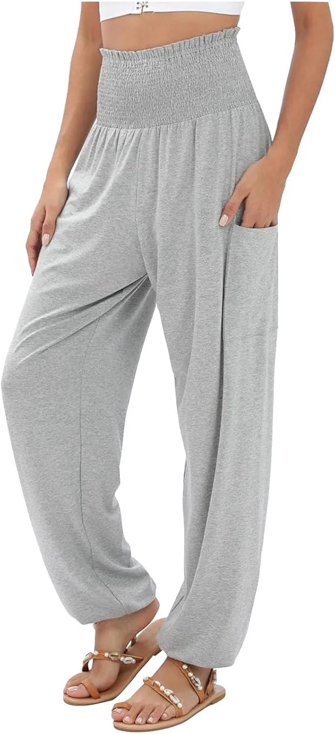 Women Linen Blend Summer Loose Flowy Palazzo Lounge Pants High Waist Bootcut Slim-Fit Trouser Work Business