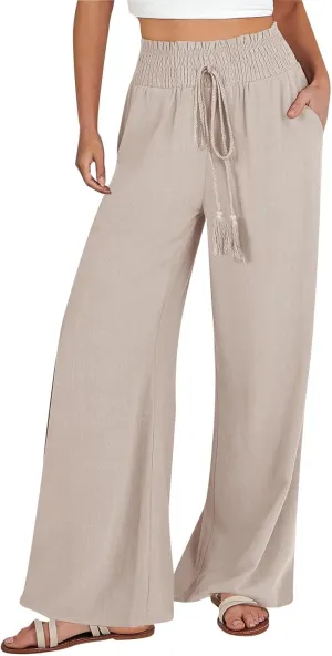 Women Linen Blend Summer Solid Pants Elastic Waist Baggy Stretchy Loose Fit Pant Trousers Business Work