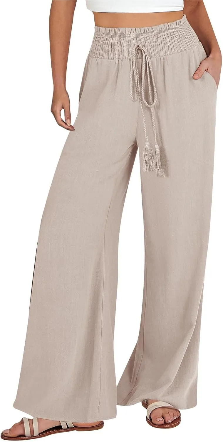 Women Linen Blend Summer Solid Pants Elastic Waist Baggy Stretchy Loose Fit Pant Trousers Business Work