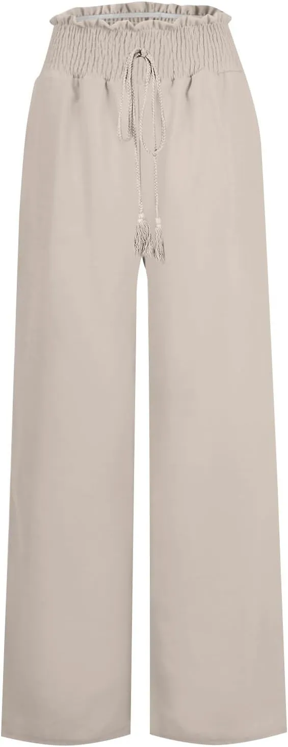 Women Linen Blend Summer Solid Pants Elastic Waist Baggy Stretchy Loose Fit Pant Trousers Business Work