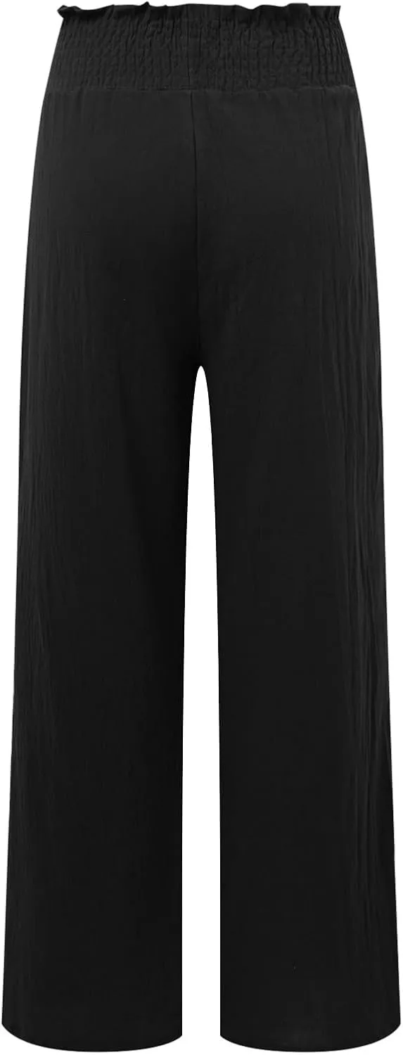 Women Linen Blend Summer Split Flowy Palazzo Lounge Pants Elastic Waist Ankle Length Slim-Fit Palazzo Lounge
