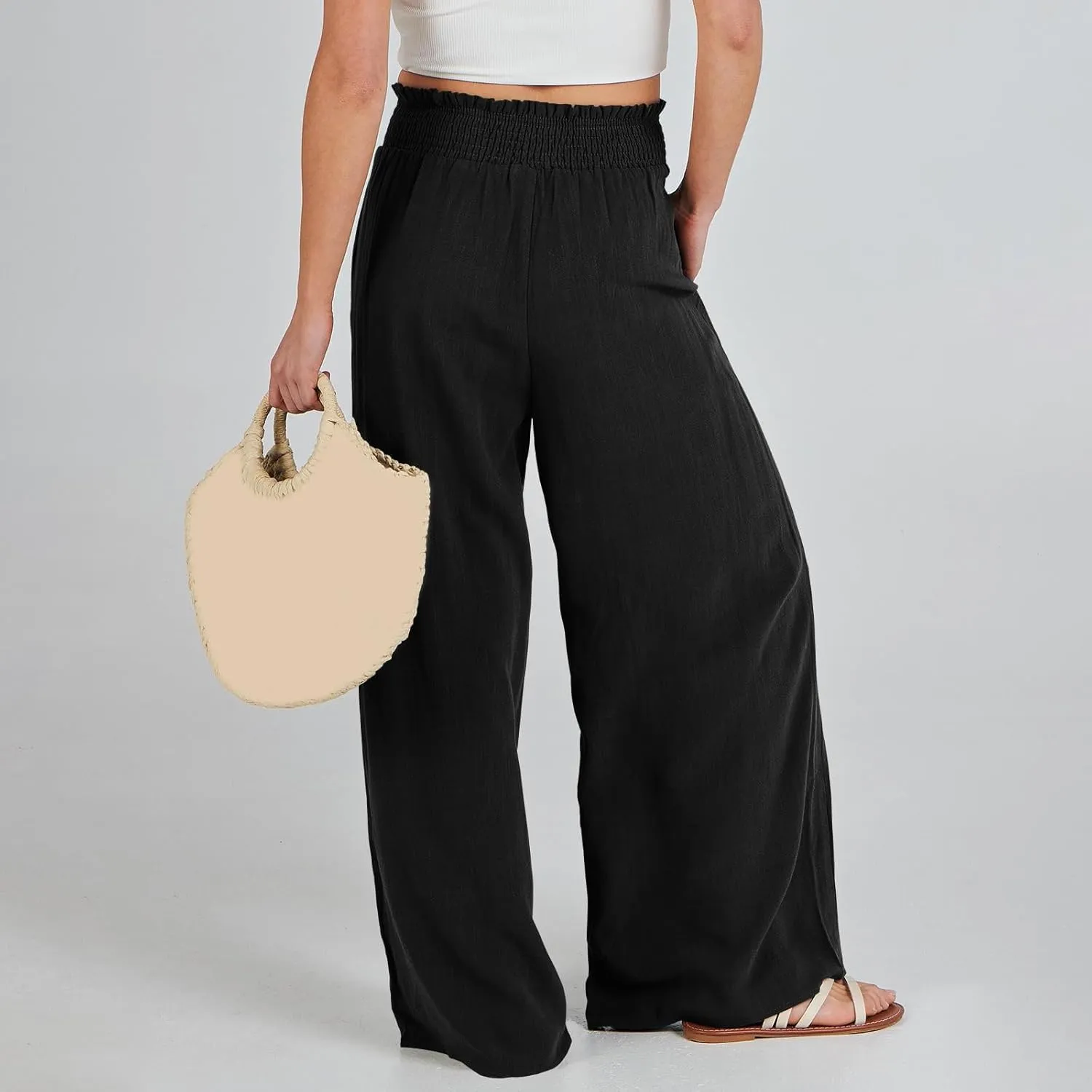 Women Linen Blend Summer Split Flowy Palazzo Lounge Pants Elastic Waist Ankle Length Slim-Fit Palazzo Lounge