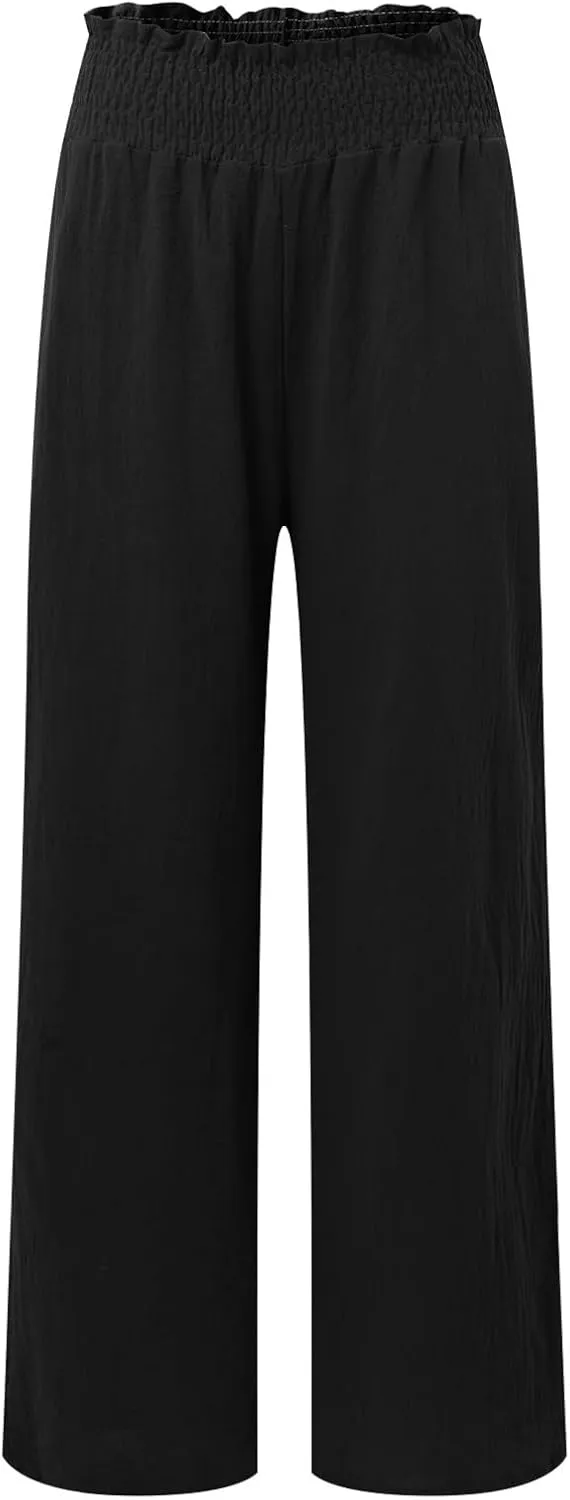 Women Linen Blend Summer Split Flowy Palazzo Lounge Pants Elastic Waist Ankle Length Slim-Fit Palazzo Lounge