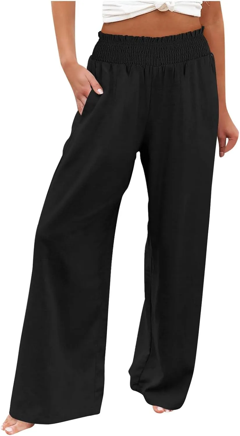 Women Linen Blend Summer Split Flowy Palazzo Lounge Pants Elastic Waist Ankle Length Slim-Fit Palazzo Lounge