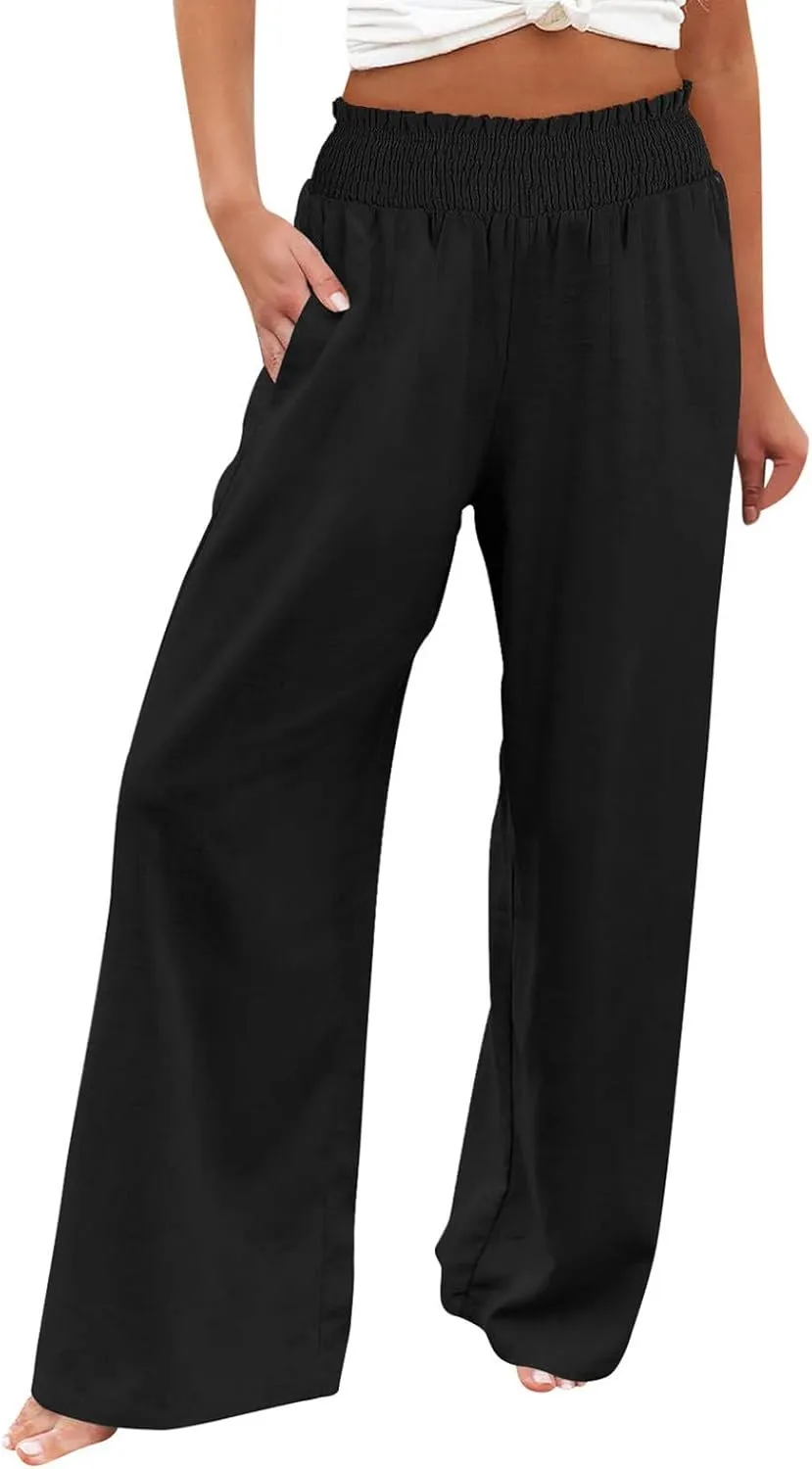 Women Linen Blend Summer Split Flowy Palazzo Lounge Pants Elastic Waist Ankle Length Slim-Fit Palazzo Lounge