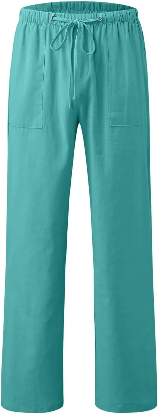 Women Linen Blend Summer Striped Pants Elastic Waisted Long Lounge Loose Fit Pants Business Work