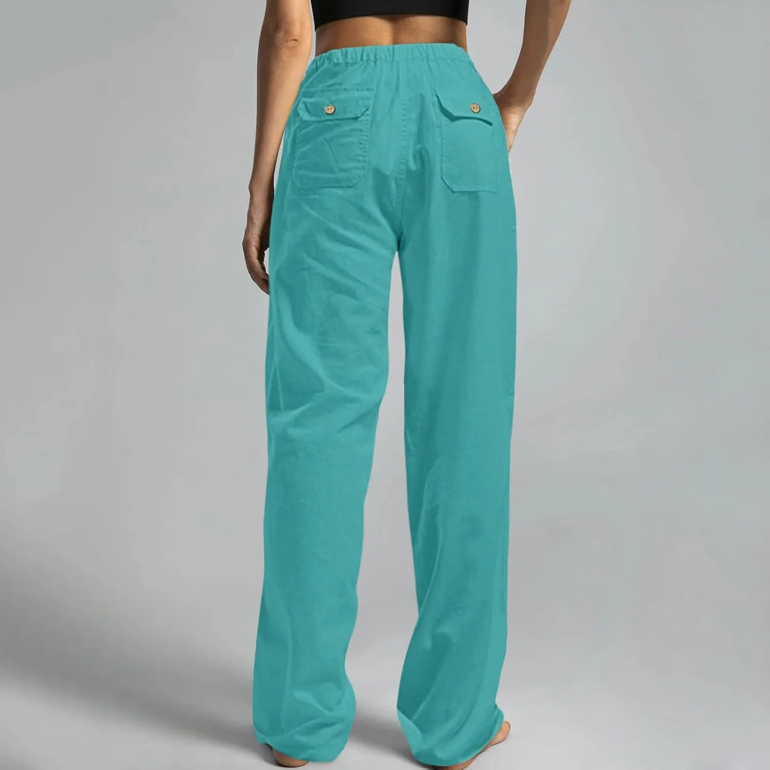 Women Linen Blend Summer Striped Pants Elastic Waisted Long Lounge Loose Fit Pants Business Work