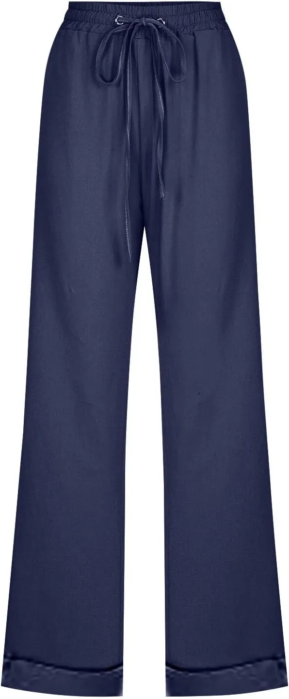 Women Linen Blend Summer Tie Knot Pant Trousers Elastic Waisted Lounge Pants Slim Fit Palazzo Pants Work Business