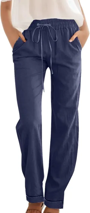 Women Linen Blend Summer Tie Knot Pant Trousers Elastic Waisted Lounge Pants Slim Fit Palazzo Pants Work Business