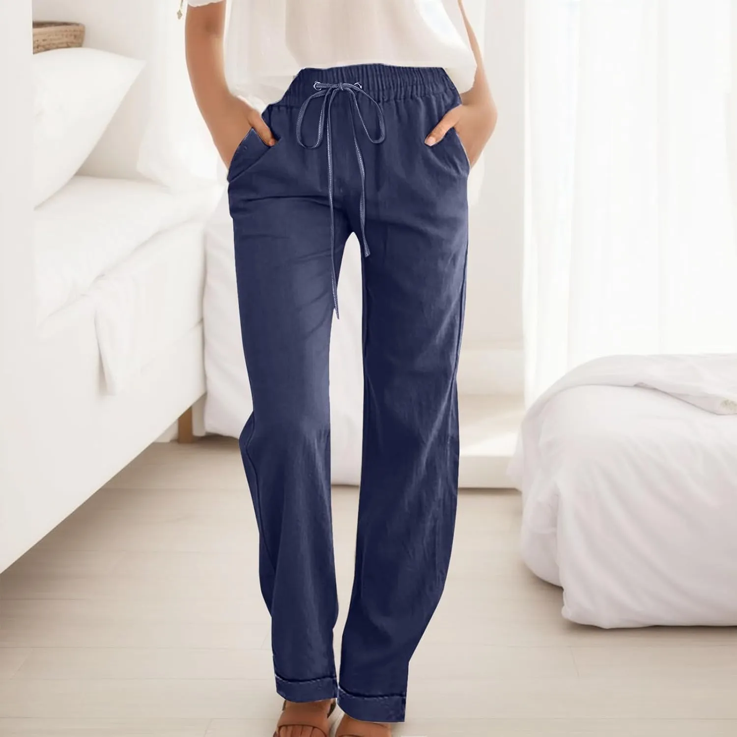 Women Linen Blend Summer Tie Knot Pant Trousers Elastic Waisted Lounge Pants Slim Fit Palazzo Pants Work Business