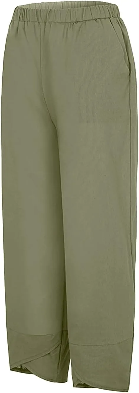 Women Linen Blend Summer Y2K Fashion Palazzo Pants High Waist Straight Slim-Fit Pant Trousers Work Business