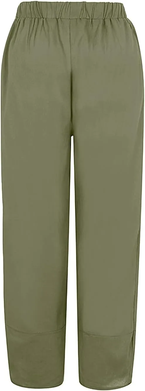 Women Linen Blend Summer Y2K Fashion Palazzo Pants High Waist Straight Slim-Fit Pant Trousers Work Business