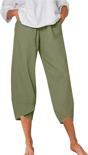 Women Linen Blend Summer Y2K Fashion Palazzo Pants High Waist Straight Slim-Fit Pant Trousers Work Business