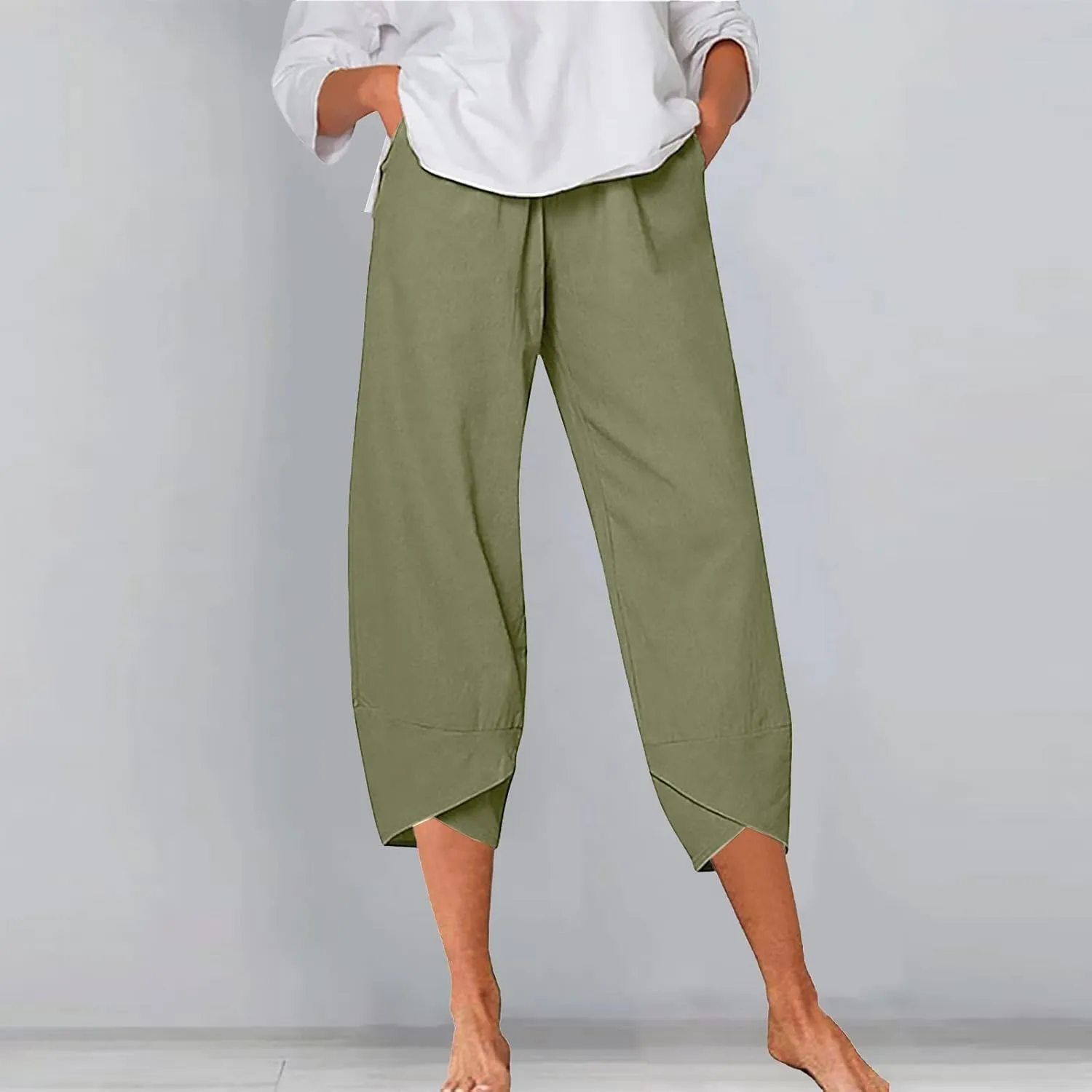 Women Linen Blend Summer Y2K Fashion Palazzo Pants High Waist Straight Slim-Fit Pant Trousers Work Business