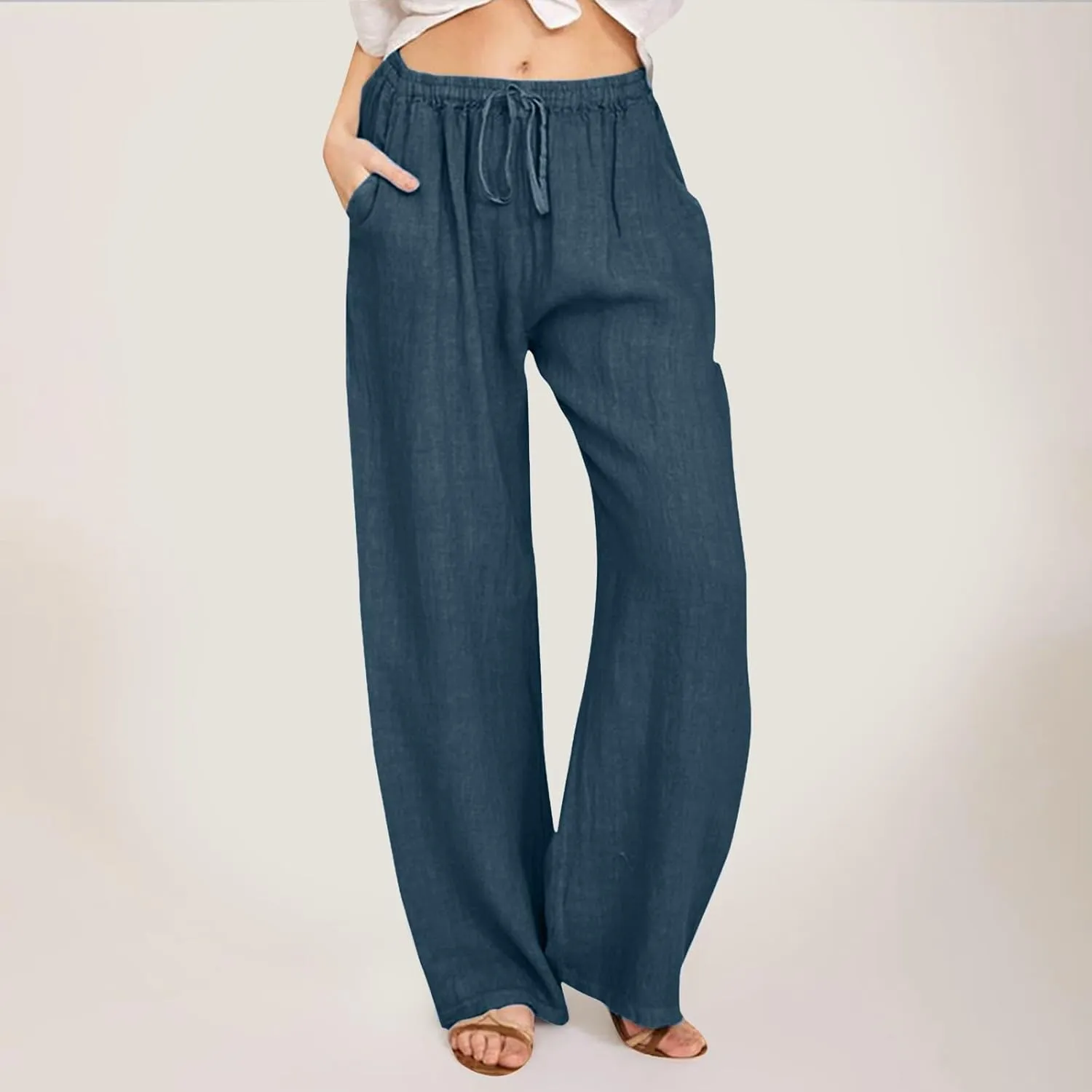 Women Linen Summer Boho Pants High Waist Long Lounge Slim-Fit Pants Business Work