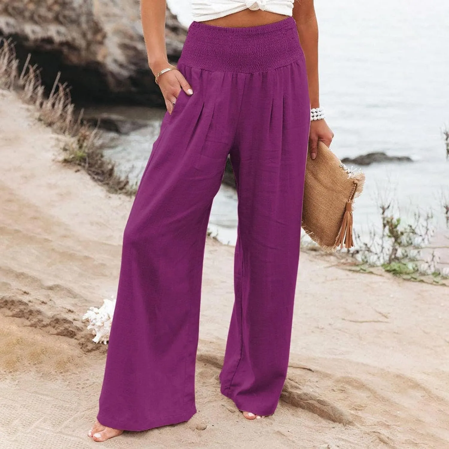 Women Linen Summer Cropped Pant Trousers High Waist Stretchy Straight Slim-Fit Trouser Business Work