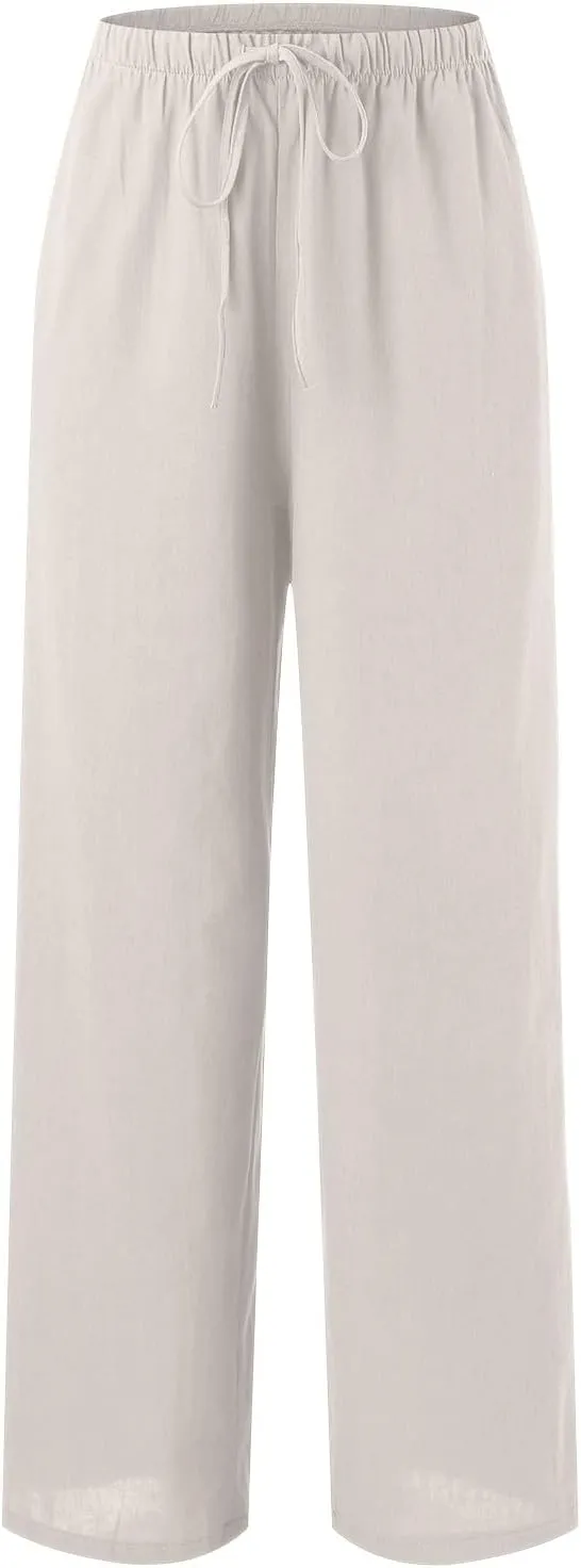 Women Linen Summer Cropped Pant Trousers High Waist Stretchy Straight Slim-Fit Trouser Business Work