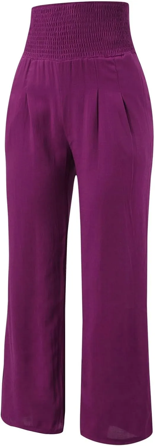 Women Linen Summer Cropped Pant Trousers High Waist Stretchy Straight Slim-Fit Trouser Business Work