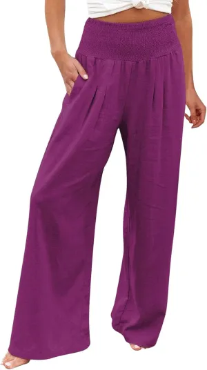 Women Linen Summer Cropped Pant Trousers High Waist Stretchy Straight Slim-Fit Trouser Business Work