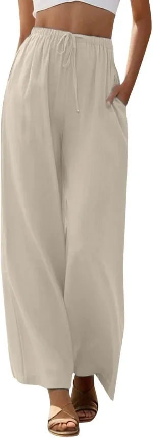Women Linen Summer Cropped Pant Trousers High Waist Stretchy Straight Slim-Fit Trouser Business Work
