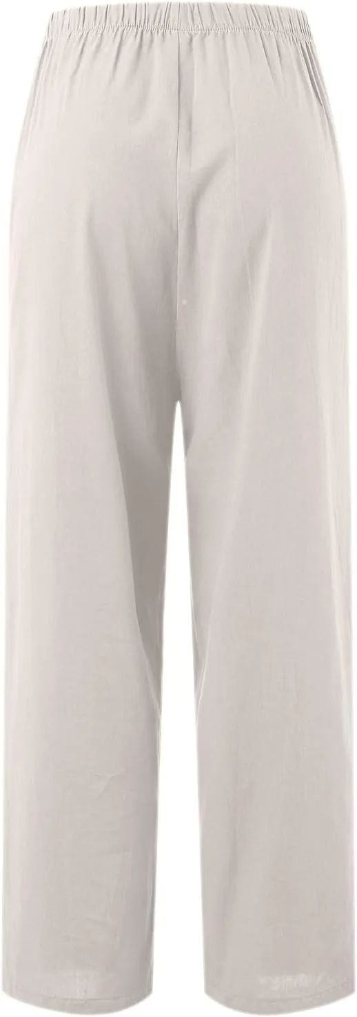 Women Linen Summer Cropped Pant Trousers High Waist Stretchy Straight Slim-Fit Trouser Business Work