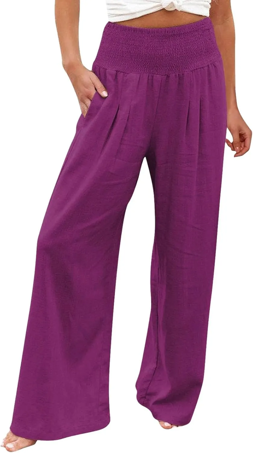 Women Linen Summer Cropped Pant Trousers High Waist Stretchy Straight Slim-Fit Trouser Business Work