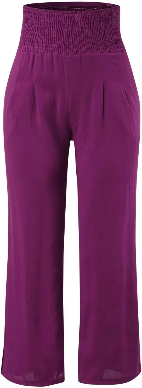Women Linen Summer Cropped Pant Trousers High Waist Stretchy Straight Slim-Fit Trouser Business Work