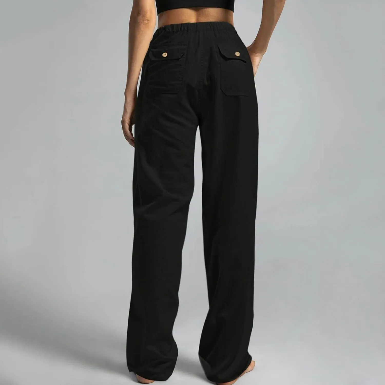 Women Linen Summer Flowy Pants Elastic Waist Ankle Length Slim-Fit Palazzo Lounge Pants Beach