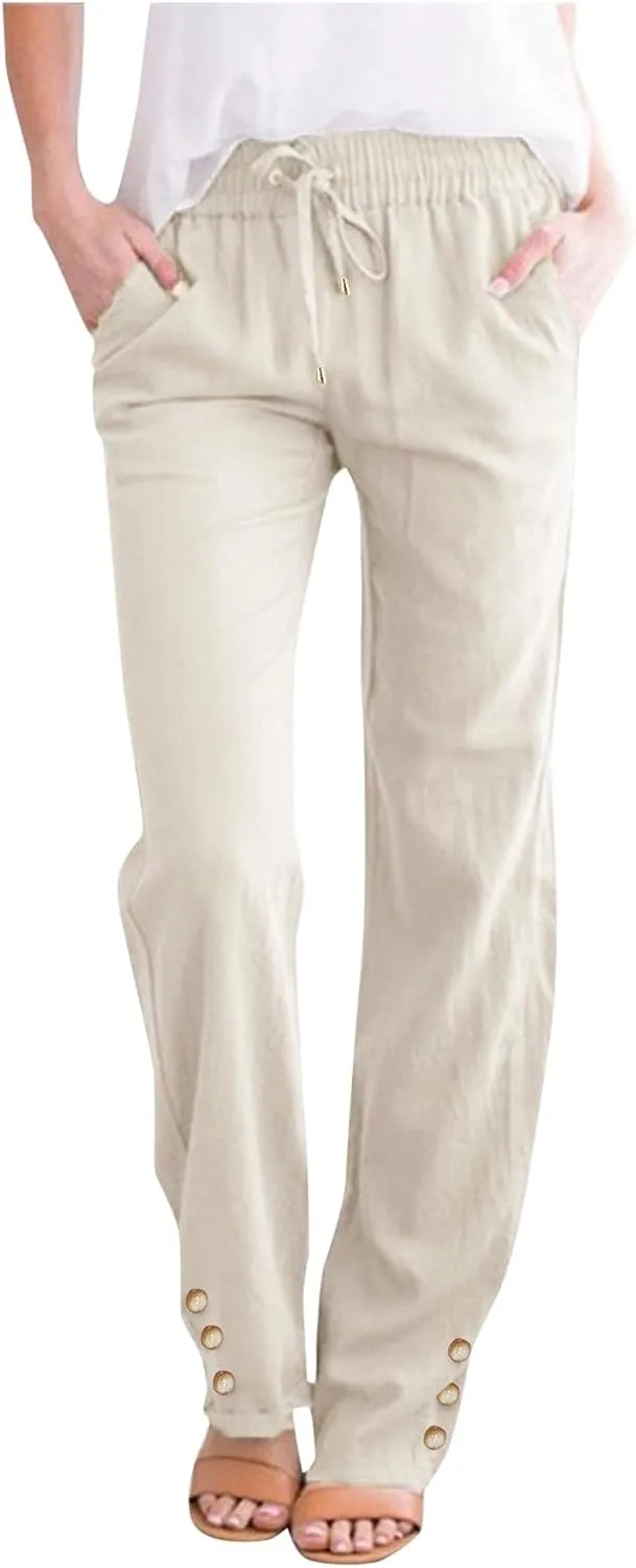 Women Linen Summer Y2K Fashion Pant Trousers Low Waist Stretchy Straight Plus Size Trouser Vacation