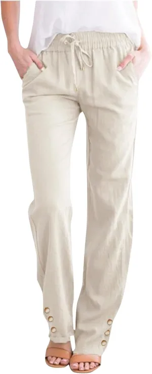 Women Linen Summer Y2K Fashion Pant Trousers Low Waist Stretchy Straight Plus Size Trouser Vacation