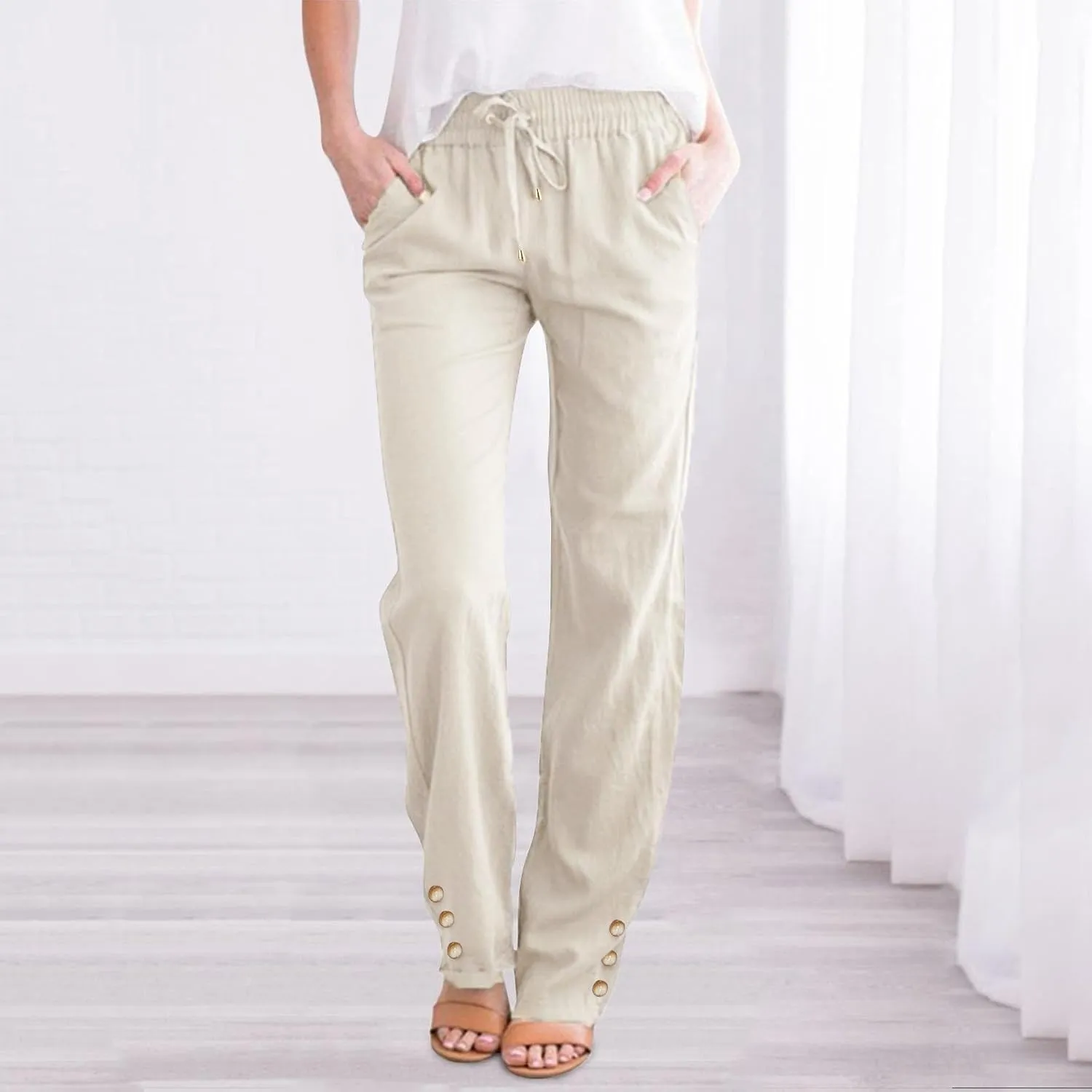Women Linen Summer Y2K Fashion Pant Trousers Low Waist Stretchy Straight Plus Size Trouser Vacation