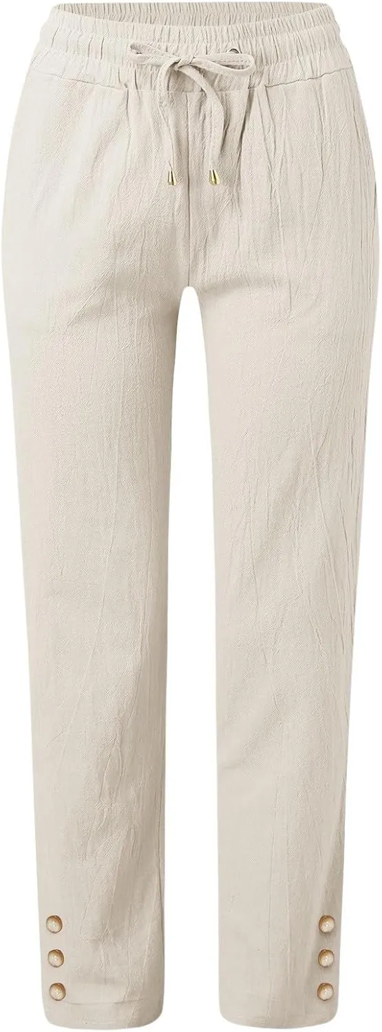 Women Linen Summer Y2K Fashion Pant Trousers Low Waist Stretchy Straight Plus Size Trouser Vacation