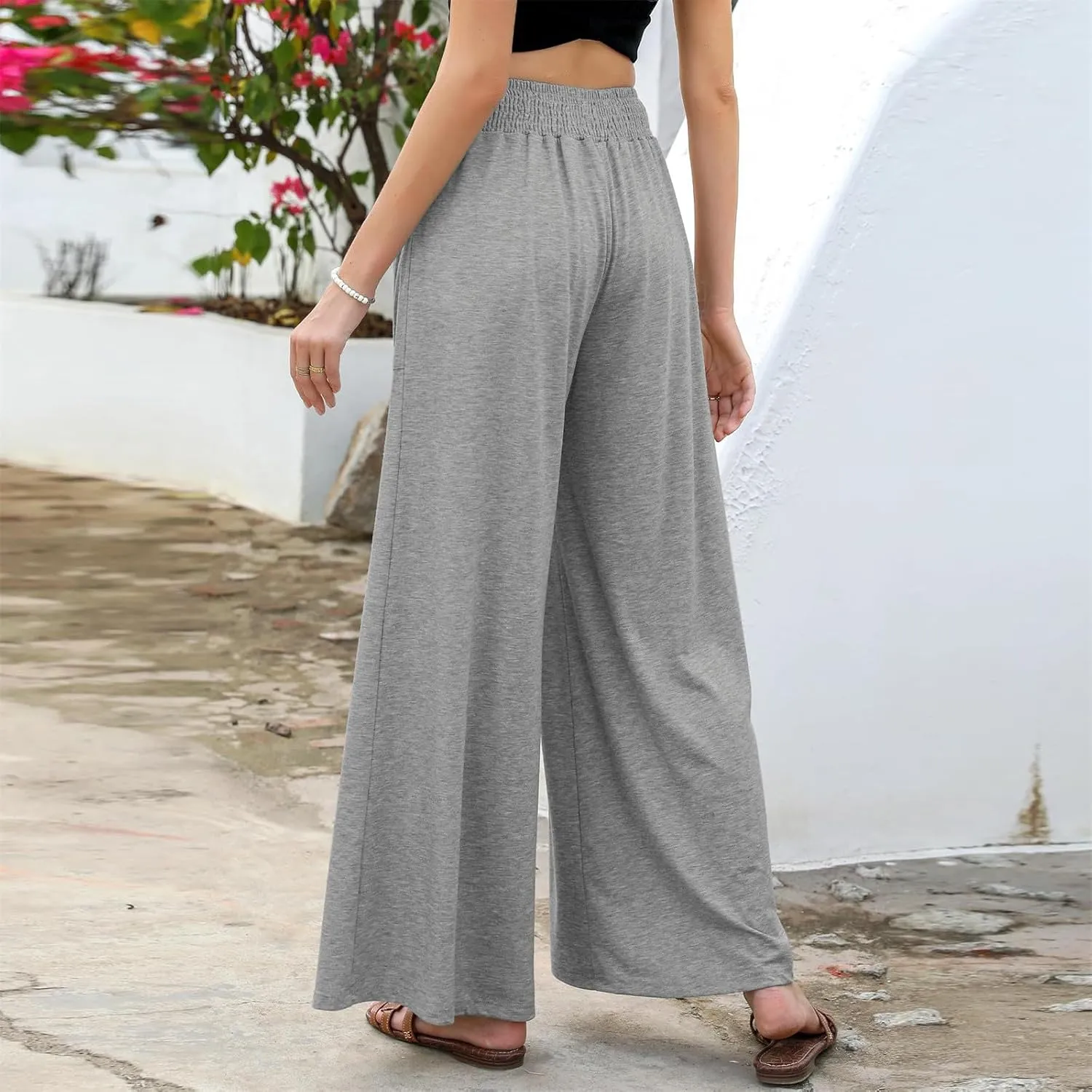 Women Linen Wide Leg Pants Casual High Waist Palazzo Pants with Side Pockets Flowy Beach Trousers for Summer