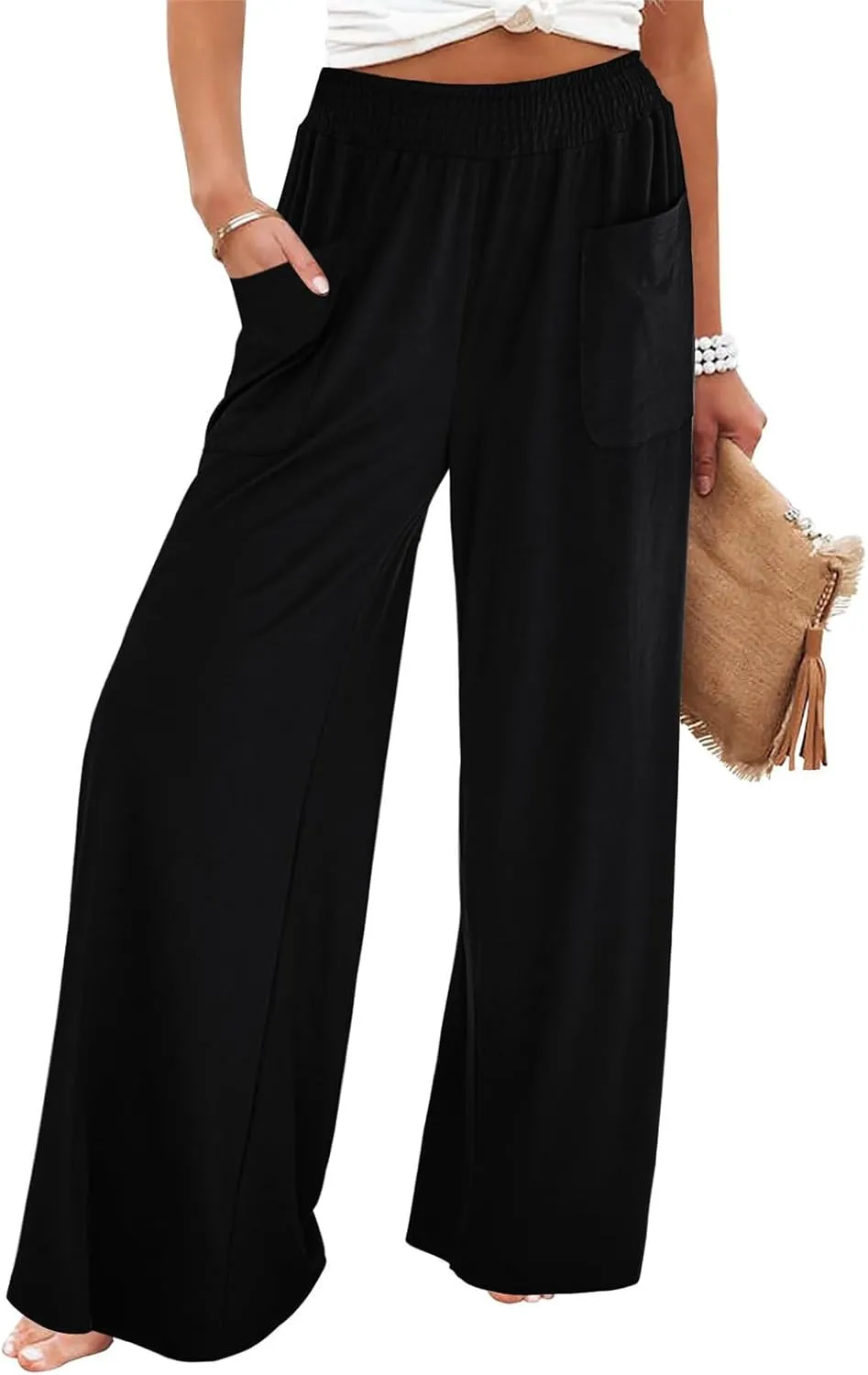 Women Linen Wide Leg Pants Casual High Waist Palazzo Pants with Side Pockets Flowy Beach Trousers for Summer
