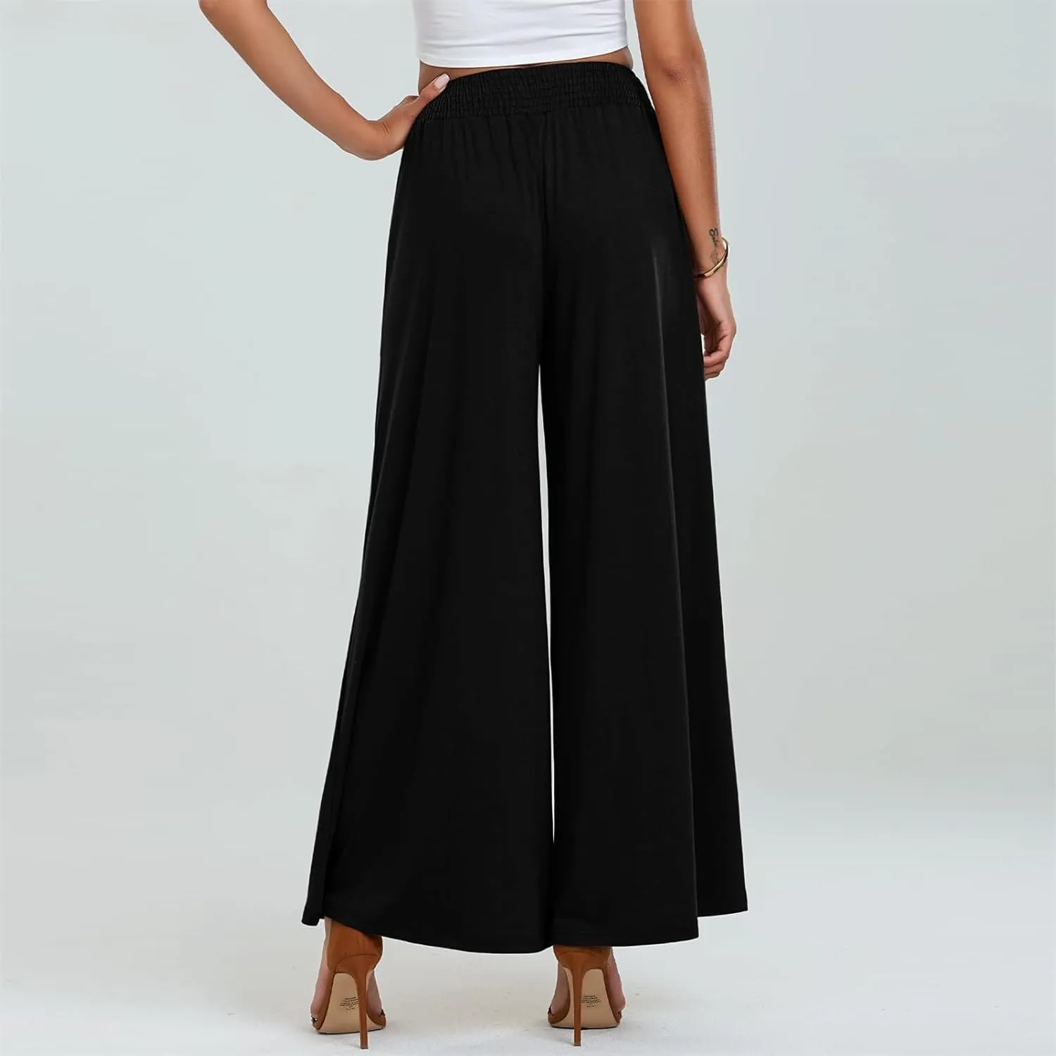 Women Linen Wide Leg Pants Casual High Waist Palazzo Pants with Side Pockets Flowy Beach Trousers for Summer