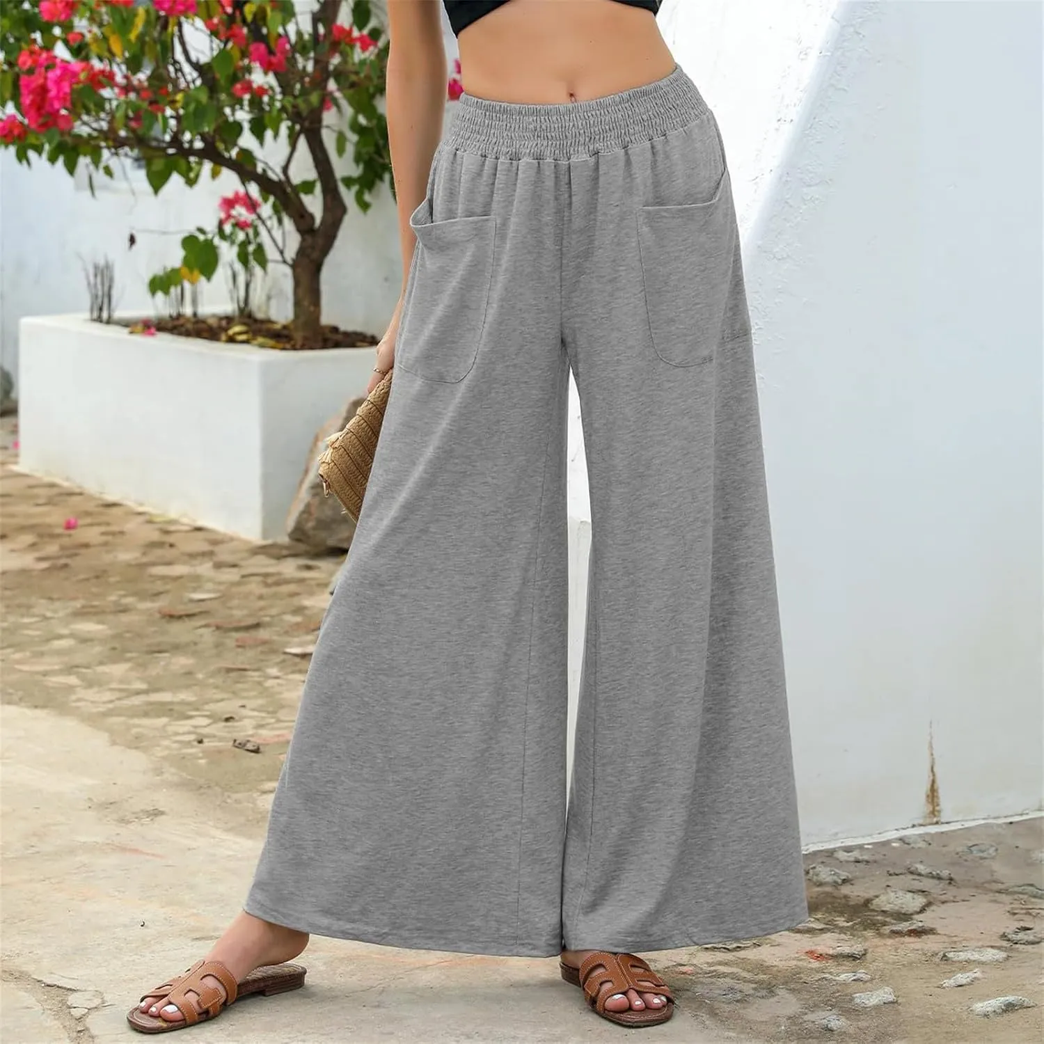 Women Linen Wide Leg Pants Casual High Waist Palazzo Pants with Side Pockets Flowy Beach Trousers for Summer