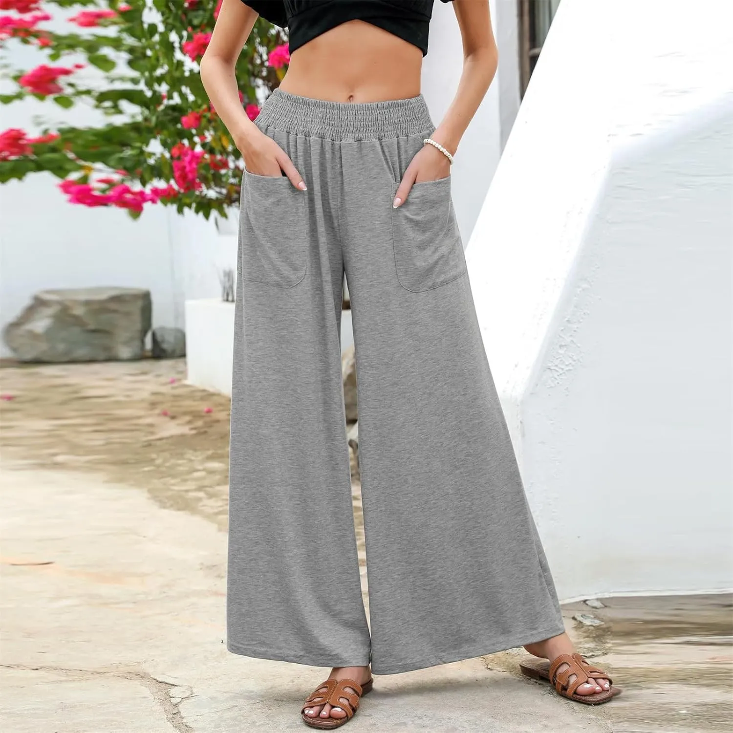 Women Linen Wide Leg Pants Casual High Waist Palazzo Pants with Side Pockets Flowy Beach Trousers for Summer