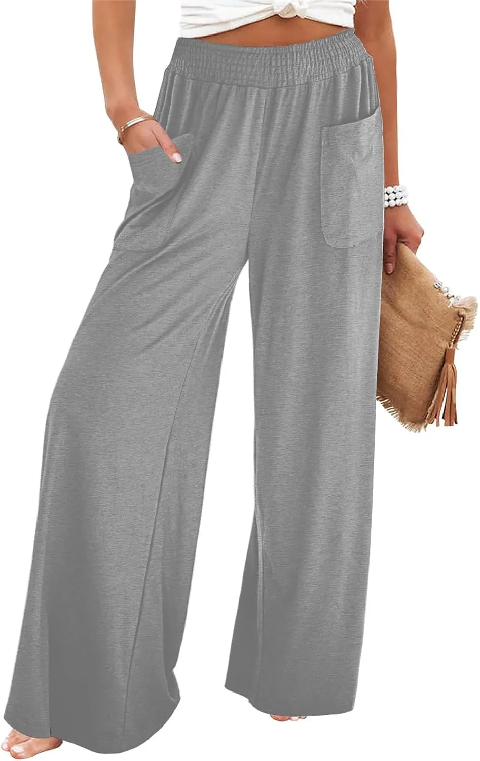 Women Linen Wide Leg Pants Casual High Waist Palazzo Pants with Side Pockets Flowy Beach Trousers for Summer