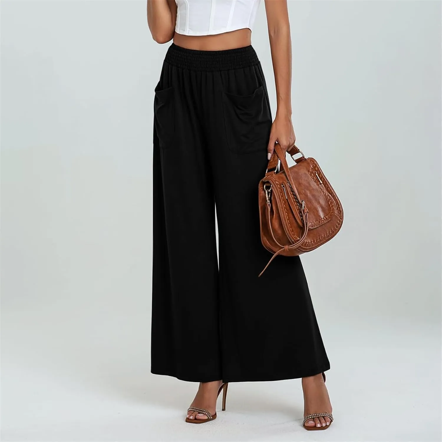 Women Linen Wide Leg Pants Casual High Waist Palazzo Pants with Side Pockets Flowy Beach Trousers for Summer