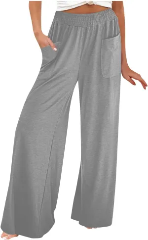 Women Linen Wide Leg Pants Casual High Waist Palazzo Pants with Side Pockets Flowy Beach Trousers for Summer