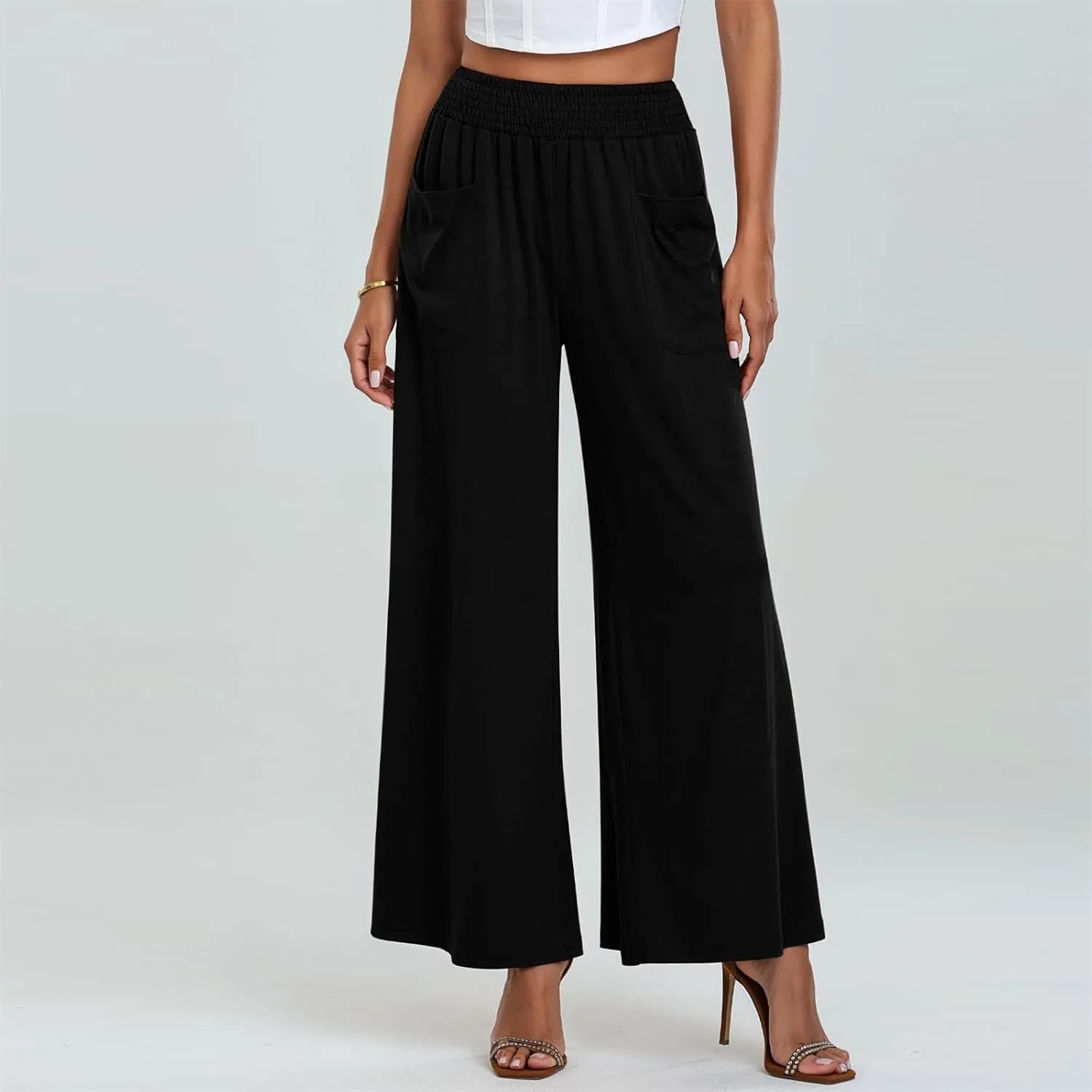 Women Linen Wide Leg Pants Casual High Waist Palazzo Pants with Side Pockets Flowy Beach Trousers for Summer