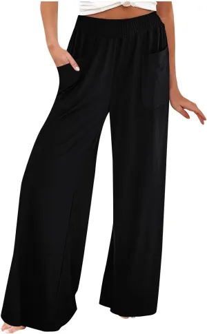 Women Linen Wide Leg Pants Casual High Waist Palazzo Pants with Side Pockets Flowy Beach Trousers for Summer